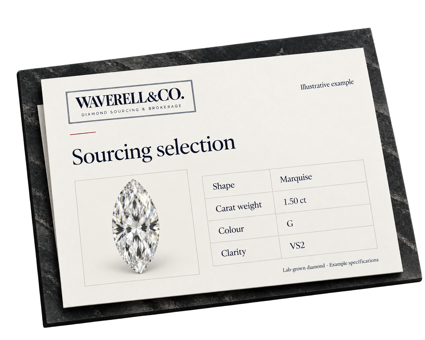 Illustrative Waverell sourcing selection: marquise lab-grown diamond, 1.50 ct, G colour, VS2 clarity. Example specifications, not an available stone.